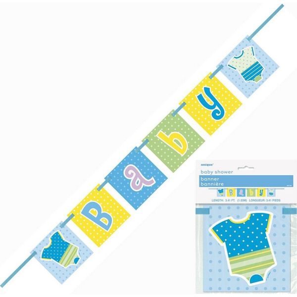 Unique Party - Modello A Punti - Bandiera, Baby Shower - Plastica SG25393 (Taglia Unica) (Blu/Giallo/Bianco)-image