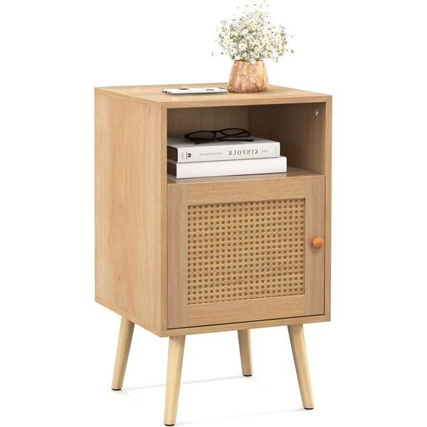 Comodino In Rattan Costway, Comodino In Legno, Tavolino Con Ripiano Aperto E Anta, Tavolino Da Divano In Stile Country, Ideale Per Camera Da Letto E Soggiorno, 40 X 39 X 70Cm-image
