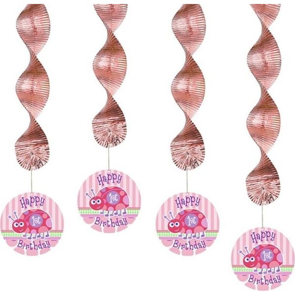 Unique Party - Coccinella - Decorazione Da Appendere, 1° Compleanno - Confezione Da 4 Pezzi - Foil SG30339 (Taglia Unica) (Rosa)-image