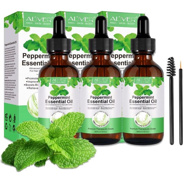 Olio Di Menta Piperita Olio Essenziale Olio Per Capelli Olio Per Pelle Olio Per Massaggi Olio Aromatico 100% Puro Biologico Vegano, 3X 60Ml-image