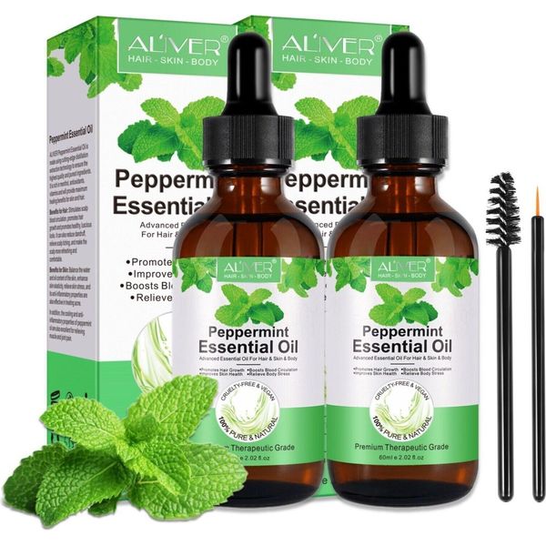 Olio Essenziale Di Menta Piperita Olio Per Capelli Olio Per La Pelle Olio Per Massaggi Olio Aromatico 100% Puro Biologico Vegano, 2X 60Ml-image