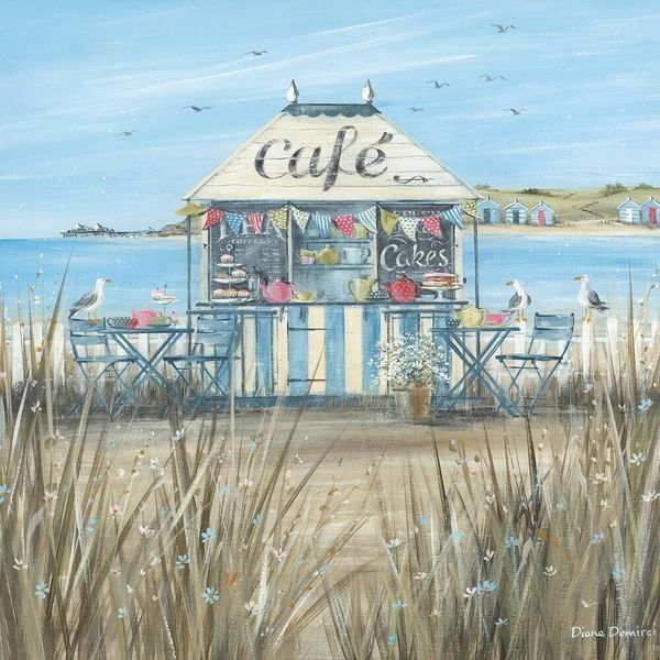 Diane Demirci - Stampa Su Tela "Beach Cafe"" PM9814 (40 Cm X 40 Cm) (Blu/Marrone)"-image