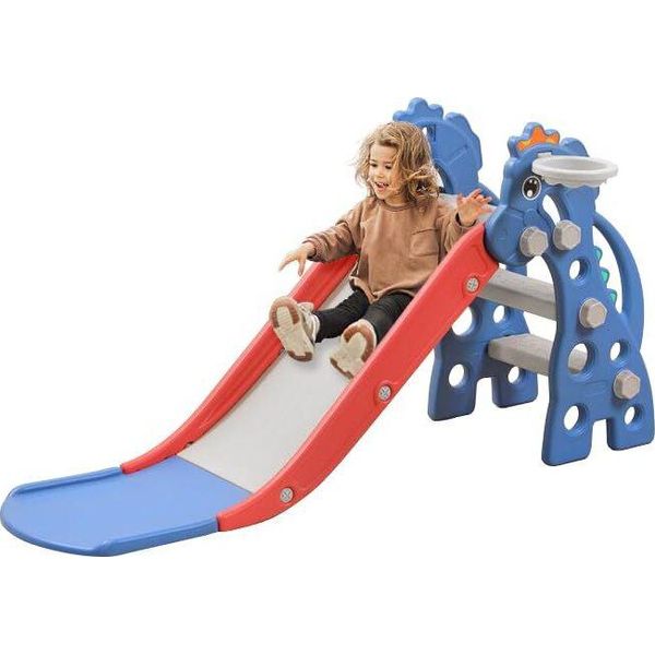 Va-Cerulean Scivolo Autoportante Per Bambini 3 In 1 Struttura Da Arrampicata, Scivolo Per Bambini Canestro Da Basket Scivolo Per Bambini Per Interni Ed Esterni Da 1 Anno, Scivolo Da Giardino Scivolo Giocattolo, Blu (135X55X67Cm)-image