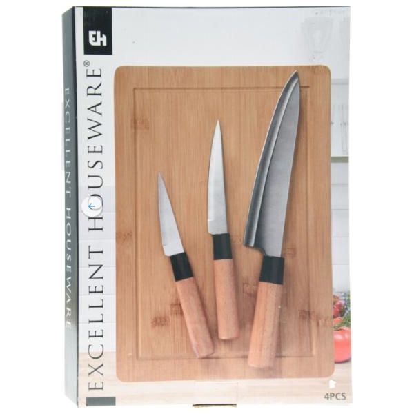 Set Di Coltelli Excellent Houseware Con Tagliere, Acciaio Inossidabile/Bambù, Argento/Marrone-image