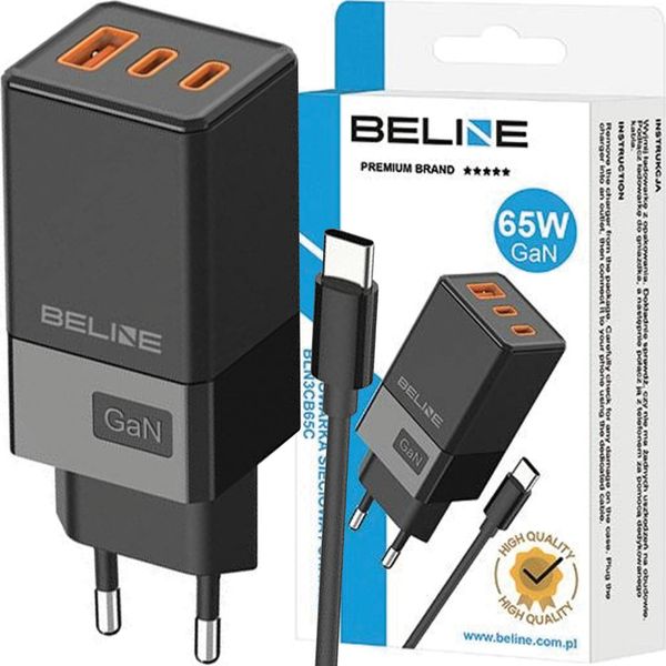 Beline 65W Gan 2Xusb-C Pd 3.0 + 1Xusb-A Qc 3.0 + Cavo USB-C - Nero-image