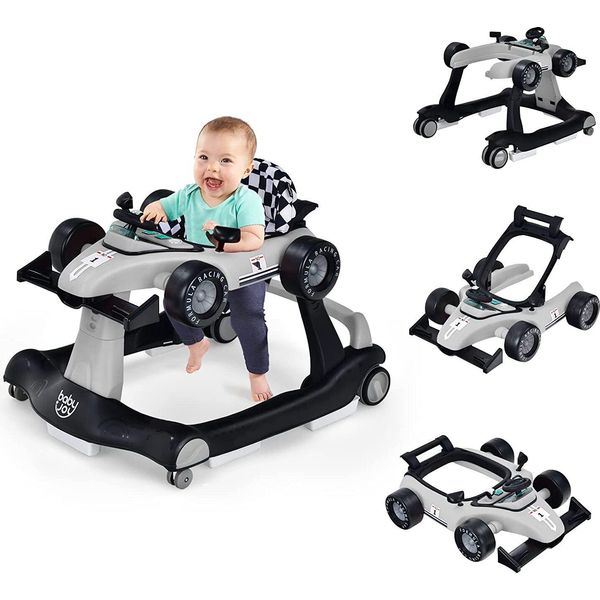 Costway 4 In 1 Girello Per Bambini Con Altezza E Velocità Regolabili, Carrello Per Bambini Con Cuscinetti Antiscivolo, Girello Pieghevole Con Ruote Universali, Carillon E Luce Per Bambini Da 6 A 18 Mesi (Grigio)-image