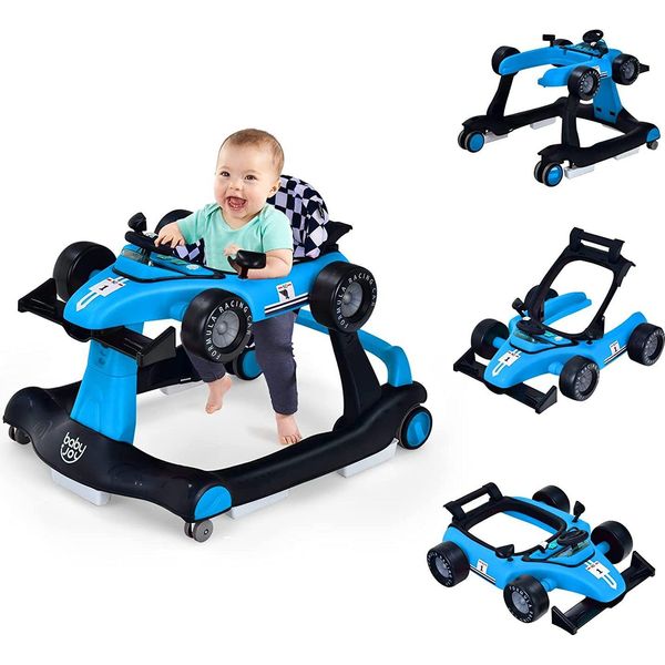 Costway 4 In 1 Girello Per Bambini Con Altezza E Velocità Regolabili, Carrello Per Bambini Con Cuscinetti Antiscivolo, Girello Pieghevole Con Ruote Universali, Carillon E Luce Per Bambini Da 6 A 18 Mesi (Blu)-image
