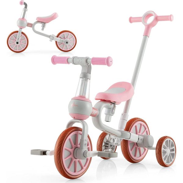 Costway Triciclo 4 In 1 Per Bambini, Balance Bike E Push Bike Con Manico Regolabile E Pedali Rimovibili, Per Bambini Dai 2 Ai 4 Anni Rosa-image
