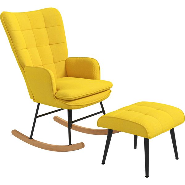 Homcom Sedia A Dondolo Con Sgabello, Poltrona Reclinabile Con Look Lino, Sedia A Dondolo Con Portata Fino A 130 Kg Per Camere Da Letto, Giallo-image
