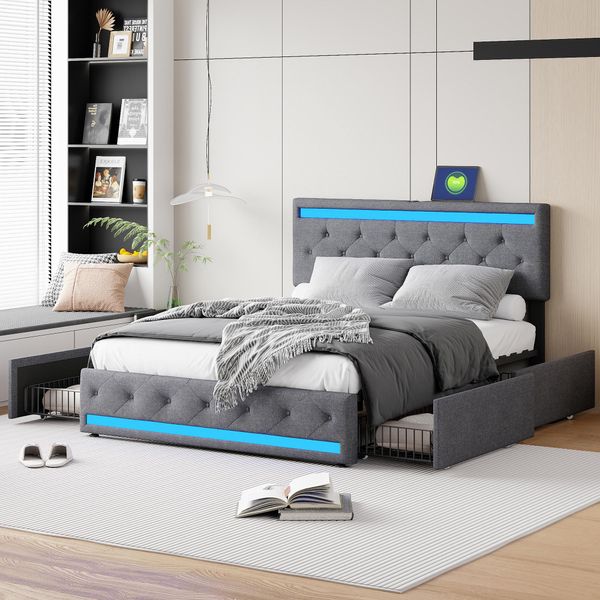 Letto Imbottito Fortuna Lai 140X200Cm Con Testata Regolabile In Altezza E 4 Cassetti, Led E Usb, Letto Funzionale Letto Matrimoniale In Lino, Grigio-image