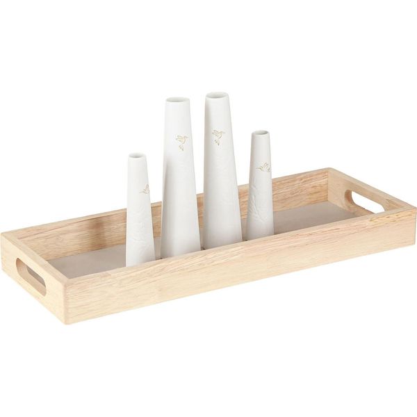 Vassoio Decorativo In Legno Mini Vasi In Ceramica Bianco Oro Set-image