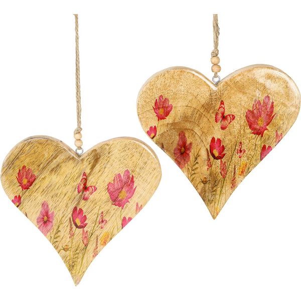 Cuori In Legno Decorativi Con Fiori Rosa Primaverili In Legno Di Mango 18 Cm, Set Da 2 Pezzi, 2 Pezzi-image