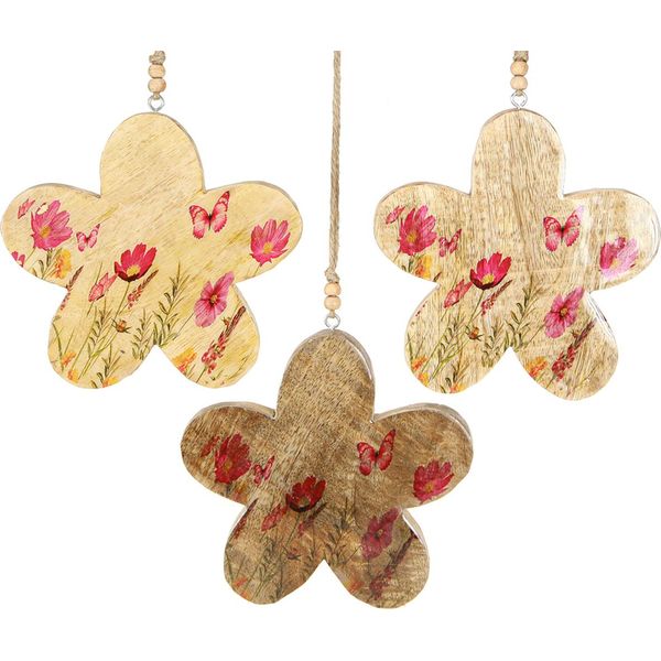 Appendino Decorativo In Legno Fiori Primavera Natura Ciondolo 16Cm 3 Pezzi-image