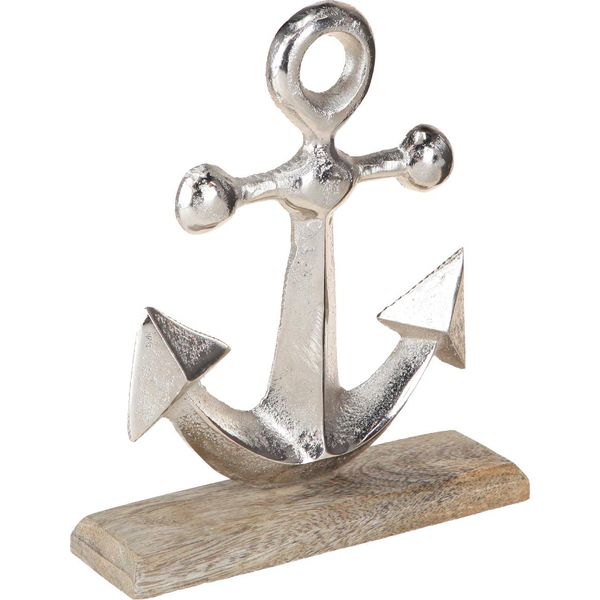 Decorazione Ancora In Metallo Con Base In Legno Argento Natura 21Cm Nautica-image