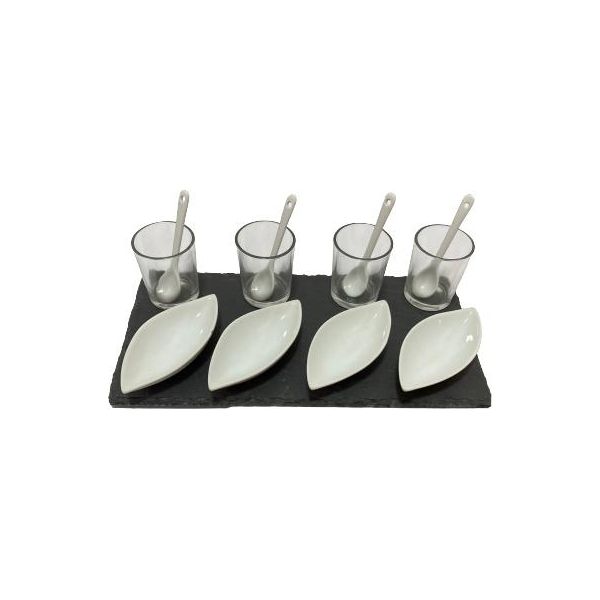 Excellent Houseware Set Da Portata Ovale Per Tapas, Ardesia/Porcellana, 30X15 Cm, Nero/Bianco-image