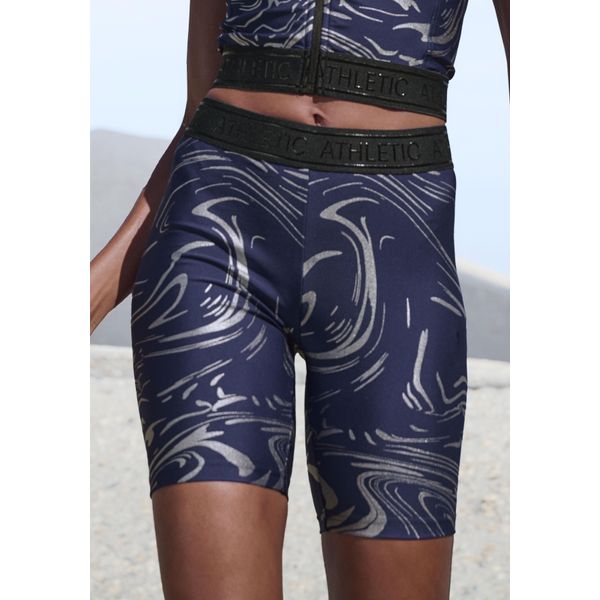 Funktionsshorts Lascana Active, Damen, Gr. M (40/42), N-Gr, Silber (Blau, Silberfarben), Obermaterial: 85% Polyester, 15% Elasthan, Bedruckt, Gemustert, GläNzend, Eng Ca. Mitte Oberschenkel, Hosen, Mit GläNzendem 3D Schriftzug Auf Dem Bund-image