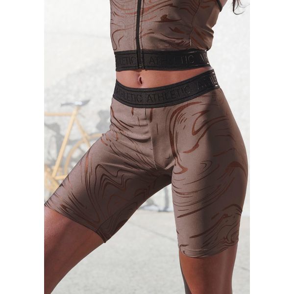 Funktionsshorts Lascana Active, Damen, Gr. L (44/46), N-Gr, Braun (Braun, Kupferfarben), Obermaterial: 85% Polyester, 15% Elasthan, Bedruckt, Gemustert, GläNzend, Eng Ca. Mitte Oberschenkel, Hosen, Mit GläNzendem 3D Schriftzug Auf Dem Bund-image