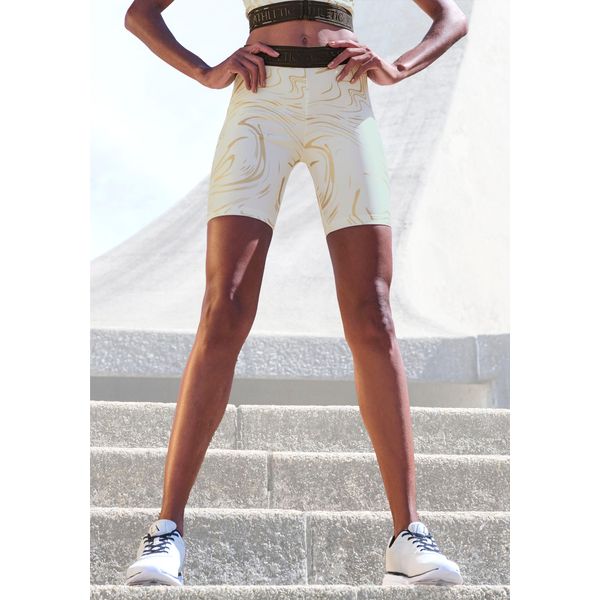 Funktionsshorts Lascana Active, Damen, Gr. Xl (48/50), N-Gr, Gold (Weiß, Goldfarben), Obermaterial: 85% Polyester, 15% Elasthan, Bedruckt, Gemustert, GläNzend, Eng Ca. Mitte Oberschenkel, Hosen, Mit GläNzendem 3D Schriftzug Auf Dem Bund-image