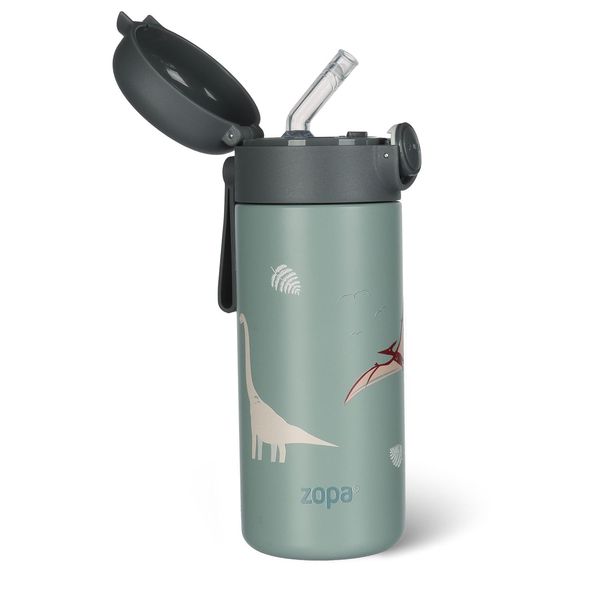 Zopa Termos Per Liquidi Con Cannuccia E Supporto In Silicone 350 Ml, Dino-image
