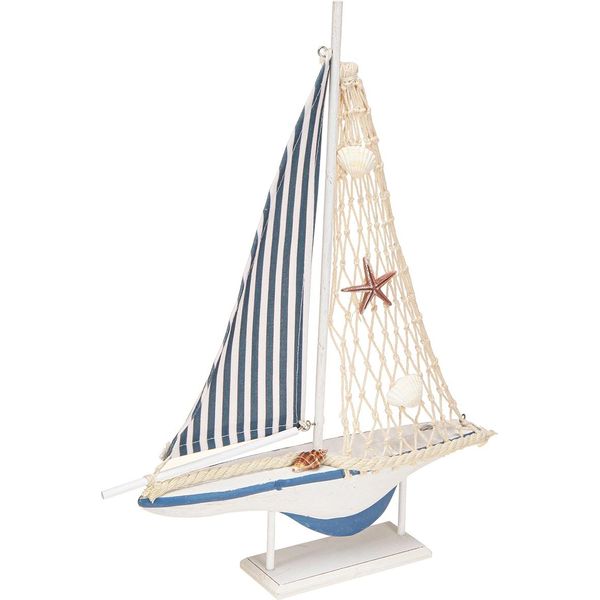 Veliero Decorativo In Legno Bianco Blu Marittimo Conchiglie Decorative 26,5Cm 37Cm-image