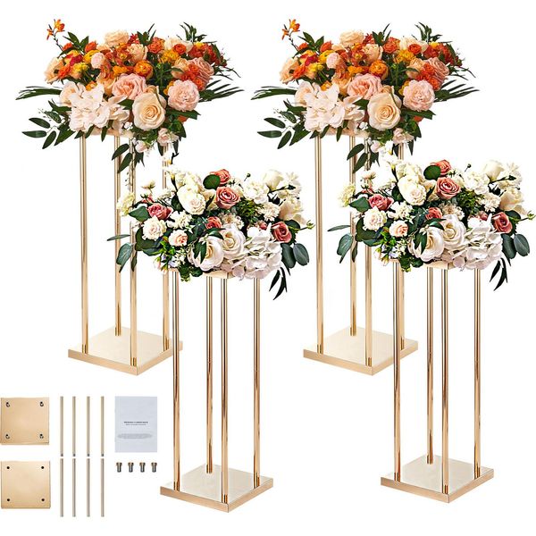 Succebuy Portafiori Per Matrimoni, 4 Pezzi, Colonne In Metallo Color Oro, Altezza 80 Cm, Con Laminato Metallico, Vasi Geometrici Come Centrotavola, Espositore Cilindrico Di Fiori Per Eventi, Ricevimenti, Espositore Per Feste-image