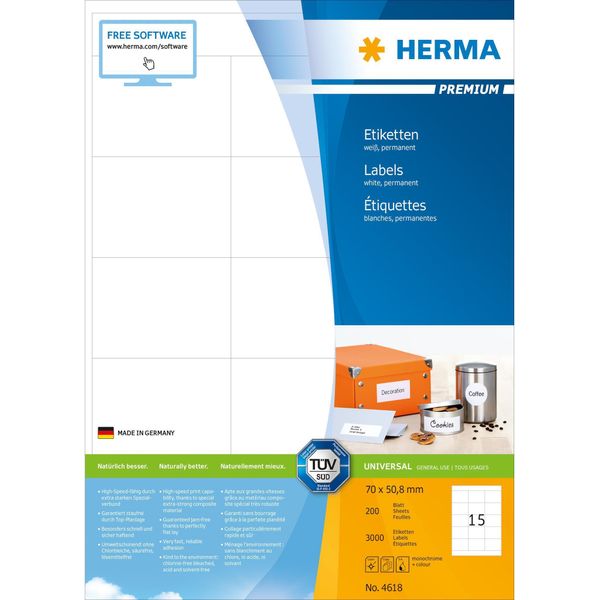 Herma Premium - Etichette Autoadesive Permanenti In Carta Laminata Opaca - Bianco - 70 X 50,8 Mm - 3000 Etichette (200 Fogli X 15) (4618)-image