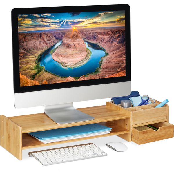 Supporto Per Monitor In Bambù Relaxdays Con Spazio Di Archiviazione-image