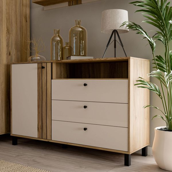 Sideboard Forte "Killarney", Beige (Mauvella Eiche, Sand), B:138,1Cm H:87Cm T:42Cm, Dekorfolie, Holzwerkstoff, Mdf, Metall, Sideboards, Sideboard, Sideboard, Stauraum, Soft Close, Metallgriffe-image