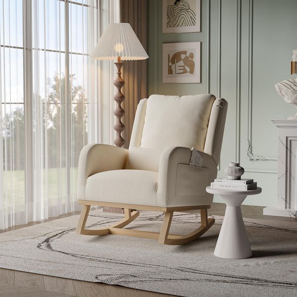 Sedia A Dondolo Proximax In Lino Beige Con Tasca Laterale - Poltrona Relax Ergonomica Con Morbida Imbottitura, Struttura Robusta E Design Moderno Per Il Soggiorno O La Camera Da Letto-image