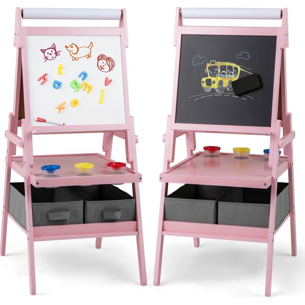 Lavagna Per Bambini Costway 3In1, Cavalletto Bifacciale Con Rotolo Di Carta, Lavagna Magnetica, Lavagna Bianca, 3 Tazze Di Vernice E 2 Scatole, Per Bambini Dai 3 Anni In Su Rosa-image