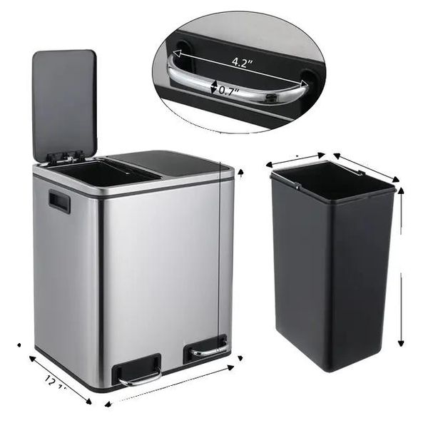 Cestino In Acciaio Inox, Doppio Scomparto, Coperchio Con Chiusura Ammortizzata, 8/12 Galloni, Argento -2X15L(8Gal)-image