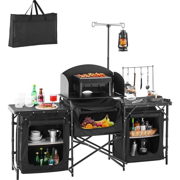 Vevor Tavolo Da Cucina Da Campeggio, Tavolo Da Cucina Per Esterni, Stazione Di Cottura Portatile In Alluminio Con Parabrezza Rimovibile Per Barbecue, Picnic, Camper, Viaggi, Nero-image