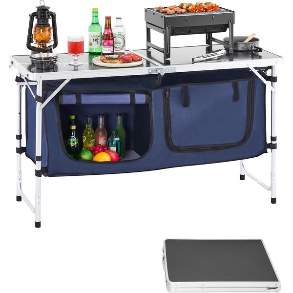 Vevor Tavolo Da Cucina Da Campeggio, Tavolo Da Cucina Pieghevole Per Esterni, Regolabile In Altezza In 3 Posizioni, Stazione Di Cottura Portatile In Alluminio Per Barbecue Picnic, Viaggi In Camper, Blu-image
