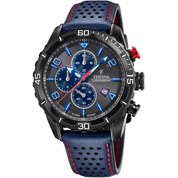 Chronograph Festina, Blau (Dunkelblau, Anthrazit), Armbanduhren, Herren, Chronograph, Armbanduhr, Quarzuhr, Herrenuhr, Stoppfunktion, Lederarmband-image