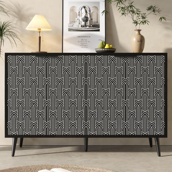 Credenza Flieks Credenza, Mobile Per Sala Da Pranzo Con 4 Ante Intagliate, Mobile Laterale Per Cucina Soggiorno Corridoio, Nero-image