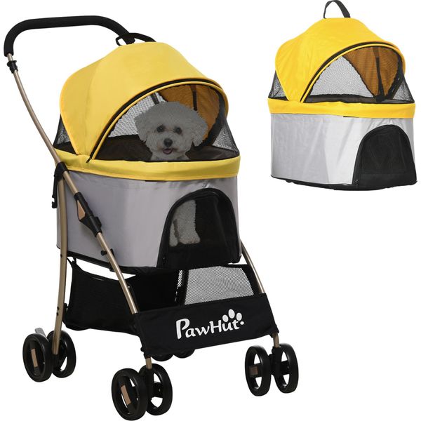 Carrello Per Cani Pawhut, Carrello Per Cani 2 In 1, Borsa Da Trasporto, Passeggino Pieghevole Per Cani Con Cuscino, Carrello Per Gatti Di Piccola Taglia, Passeggino Per Gatti Con 4 Ruote, Finestra A Rete, Tessuto Oxford, Giallo-image