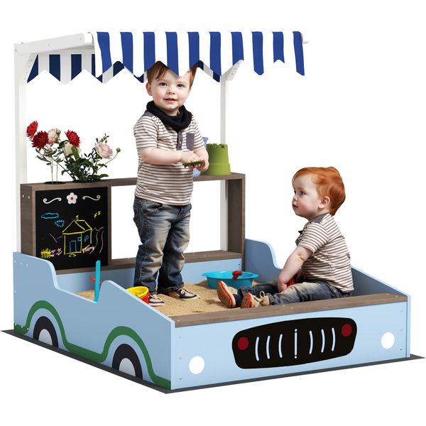 Aiyaplay Sabbiera Con Tetto, 90 X 108 Cm Sabbiera In Legno Sabbiera Con Panca, Tavolo Da Disegno, Fioriere, Design Negozio Per 2 Bambini 3-7 Anni Blu-image