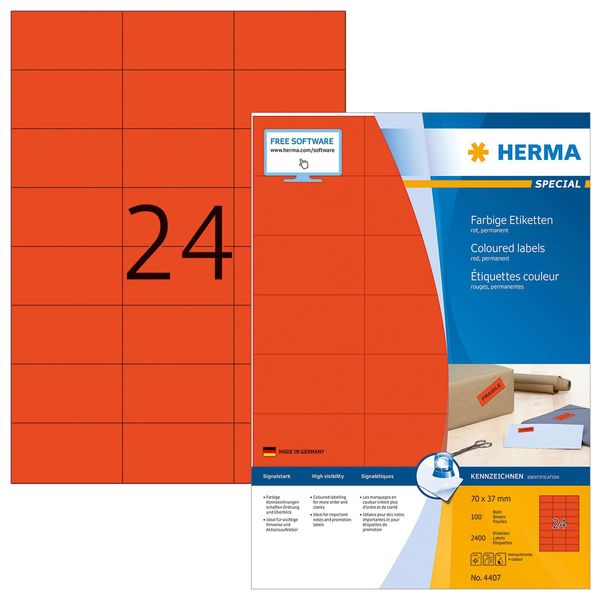 Herma Special - Etichette Autoadesive Permanenti In Carta Opaca - Rosso - 70 X 37 Mm - 2400 Etichette (100 Fogli X 24) (4407)-image