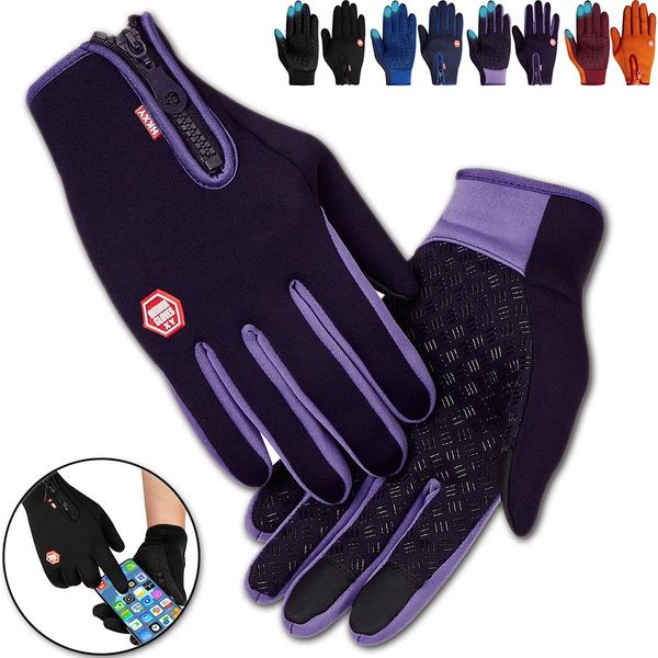 Guanti Invernali Caldi Con Cerniera, Guanti Invernali Impermeabili Antivento Antiscivolo Guanti Da Ciclismo Per Uomini Donne, Viola, L-image