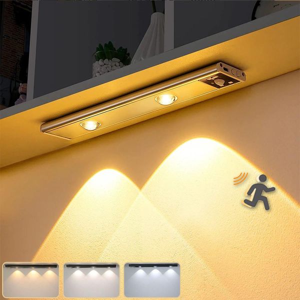20CM Ha Portato Sotto Il Gabinetto Striscia Di Luce Con Rilevatore Di Movimento Wireless Ricaricabile 3 Luce Colore Dimmerabile Sensore Luci Armadio, Argento-image