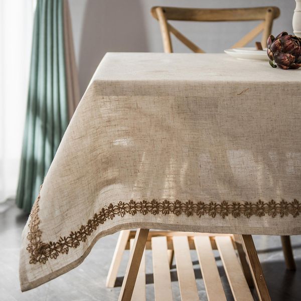 Tovaglia Di Lino Di Cotone Lavabile, Tovaglie D'epoca Per Tavoli Rettangolari Cucina Sala Da Pranzo Tavola Decorazione Mobili Copertura (Beige, 140X220Cm)-image