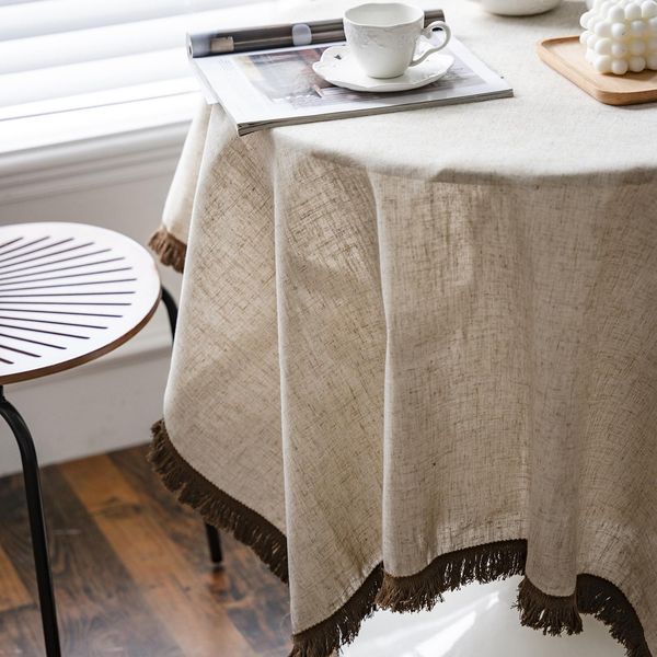Tovaglia Di Lino Di Cotone Lavabile, Tovaglie D'epoca Per Tavoli Rettangolari, Cucina, Sala Da Pranzo, Decorazione Di Mobili (Beige, 140X300Cm)-image