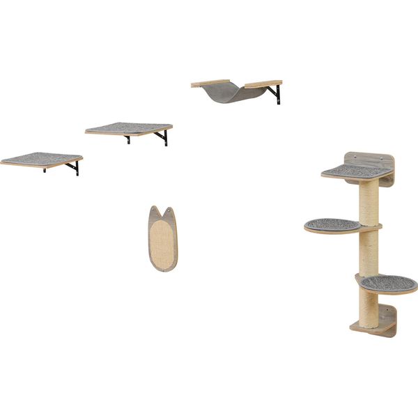 Costway 5 Pcs Parete Di Arrampicata Per Gatti, Tiragraffi Con Piattaforme, Tiragraffi, 2 Posatoi Con Cuscino Rimovibile, Amaca, Albero Di Arrampicata Con Scala Per Gatti-image