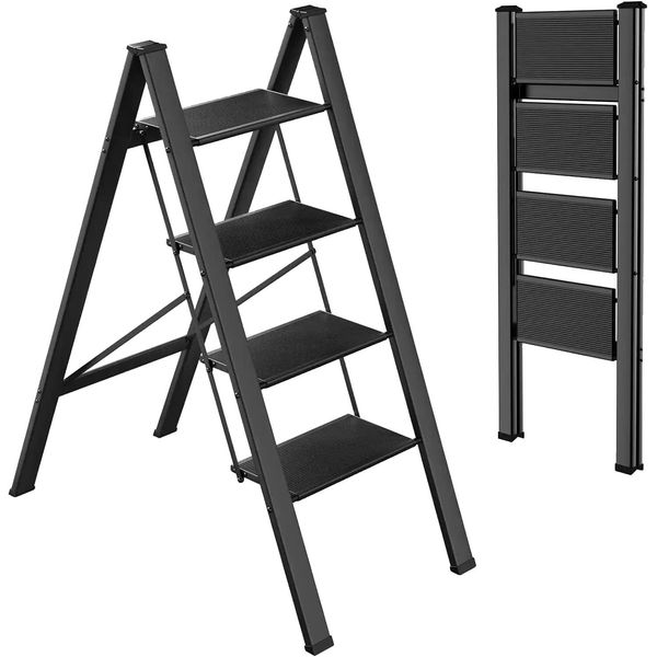 Scala A Gradini Pieghevole, Alluminio Leggero, Gradini Antiscivolo, Scala A 4 Gradini Nera-image