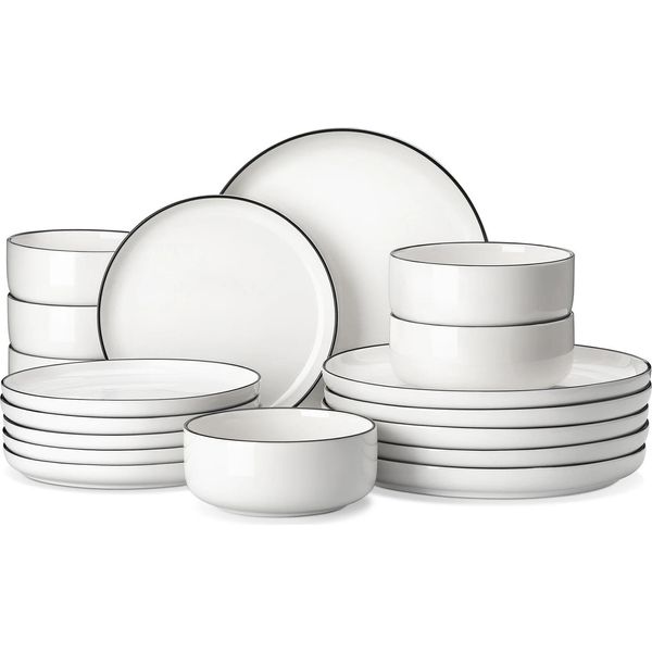 Malacasa Set Di Stoviglie In Ceramica, Elegante Design Rotondo, 18/36 Pezzi, Set Da 18 Pezzi Con Bordo Nero-image