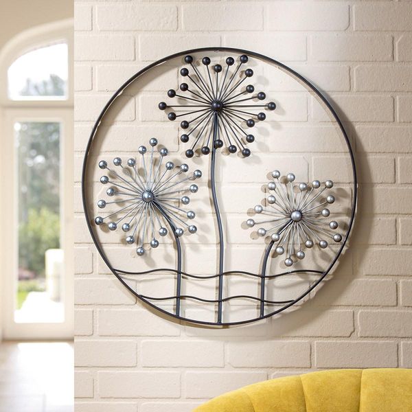Gilde Wandrelief, Rund, "Pusteblumen"", Pusteblumenmotiv, Metall, Braun, Champagnerfarben, Silberfarben, , L. 4 Cm, D. 65 Cm 68971"-image