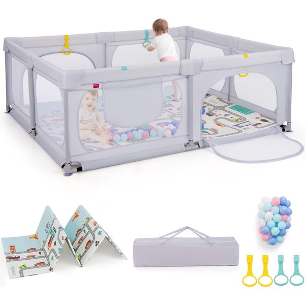 Costway Box Per Bambini Con Tappetino, 189 X 158 Cm Recinto Per Bambini Da 0 A 3 Anni Grigio Chiaro-image