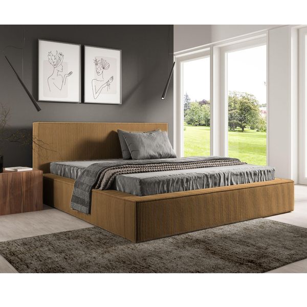 Gutto Letto Imbottito Su Misura Filo Colore Senape 200X200 In Tessuto A Coste Con Rete A Doghe In Legno Design Moderno In Colori Di Tendenza, Senza Contenitore-image