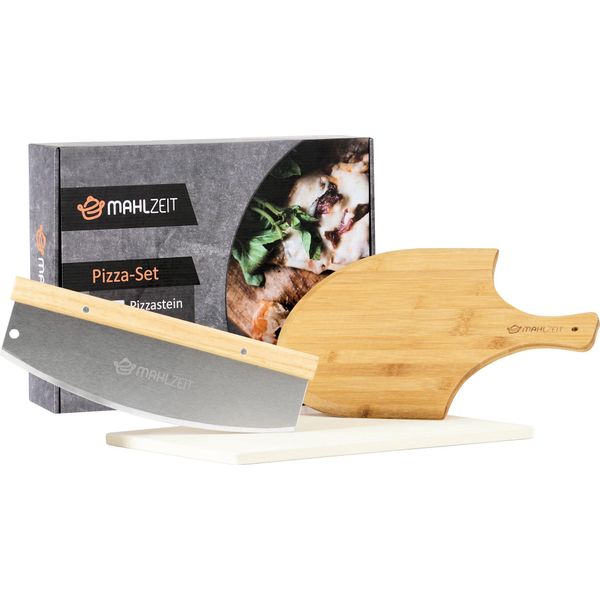 Mahlzeit Set Da 3 Pezzi Per Pizza | 40 X 30 Cm | Pietra Per Pizza Con Pala E Coltello-image