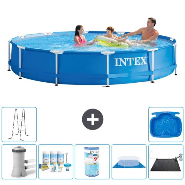 Piscina Intex Con Struttura Rotonda - 366 X 76 Cm - Blu - Incluso Pacchetto Manutenzione Pompa - Filtro - Telo Di Fondo - Materassino Solare - Scaletta - Pediluvio-image